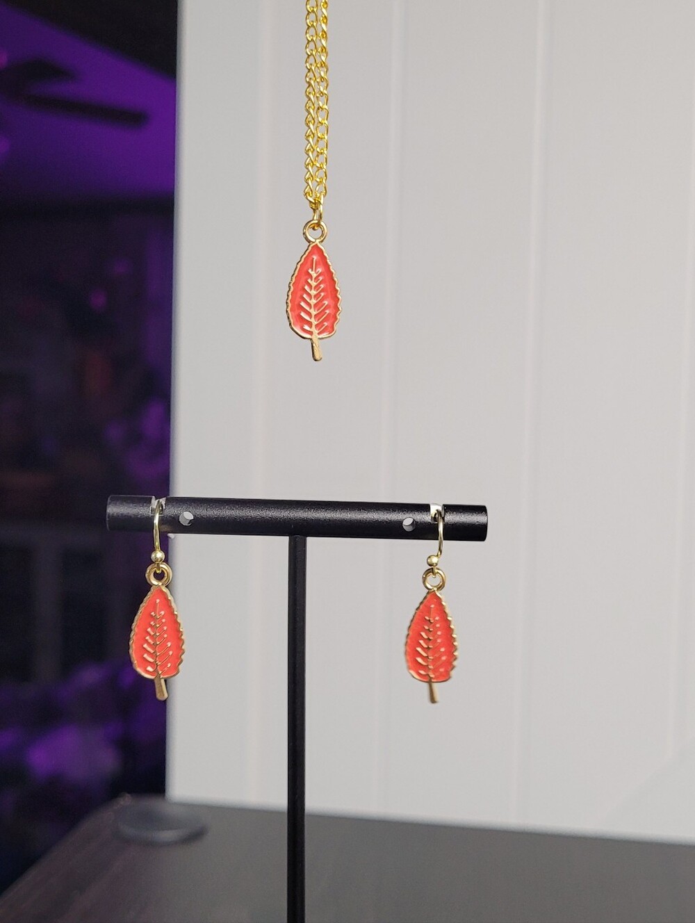 Hand Crafted Gold-Tone Necklace & Earring Set with Coral Red Leaf Charms NWT